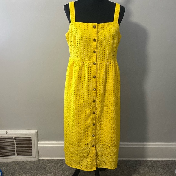 J Crew Yellow Embroidered Eyelet Lace Button Front Midi Sundress Sz 14 - Picture 1 of 13